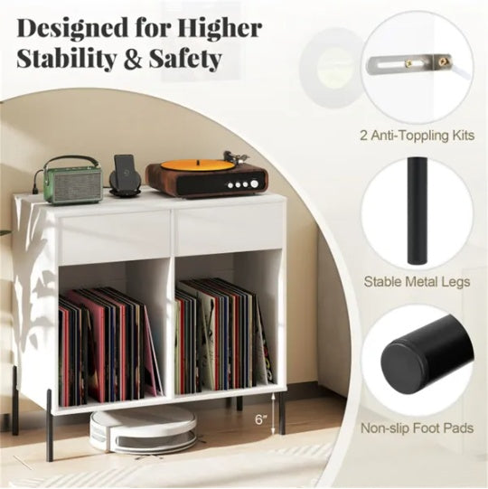 Record Player Storage Stand - Customizable Vinyl Compartments, Built-in Charging Station, Metal Legs & Floor-Protecting Pads