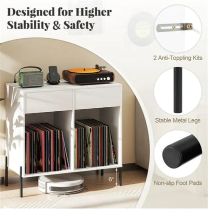 Record Player Storage Stand - Customizable Vinyl Compartments, Built-in Charging Station, Metal Legs & Floor-Protecting Pads
