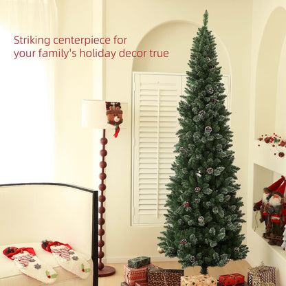 7ft Artificial Pencil Christmas Tree With 980 Branches, Pinecones, Metal Stand, Realistic Xmas Tree For Home