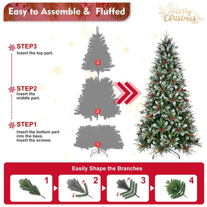Artificial 5ft Green Christmas Tree With 1113PE PVC Mixed Branch Tips,Red Fruit And Pine Cone,Hinged Premium  Foldable Base For Indoor Holiday Decorating