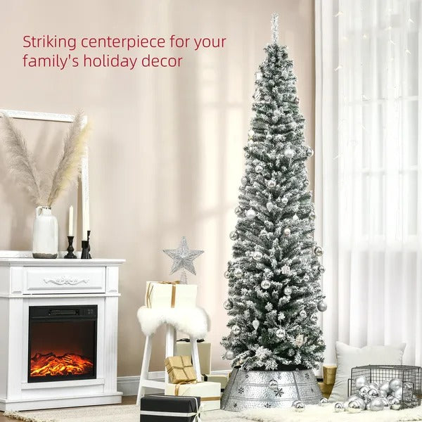 7.5ft Flocked Christmas Tree, Pencil Christmas Tree With Realistic Branch Tips, Folding Metal Stand, Green