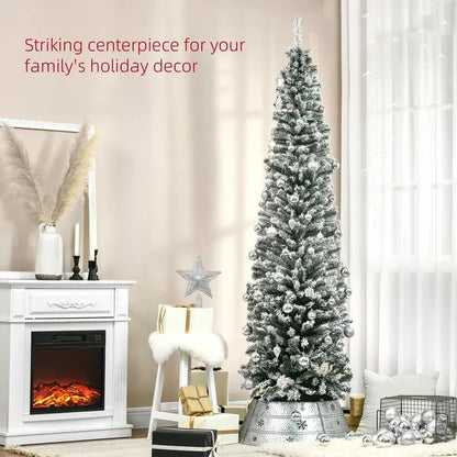 7.5ft Flocked Christmas Tree, Pencil Christmas Tree With Realistic Branch Tips, Folding Metal Stand, Green