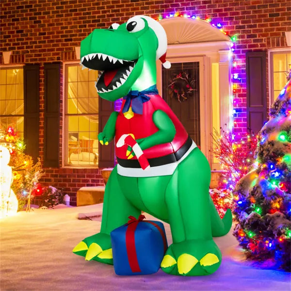 6FT Inflatable Christmas Dinosaur: Santa Hat/Vest + Gift Boxes, Bright LED Lights, Waterproof Polyester, 2 Ropes + 4 Stakes, 10ft Cord, 1.8lbs