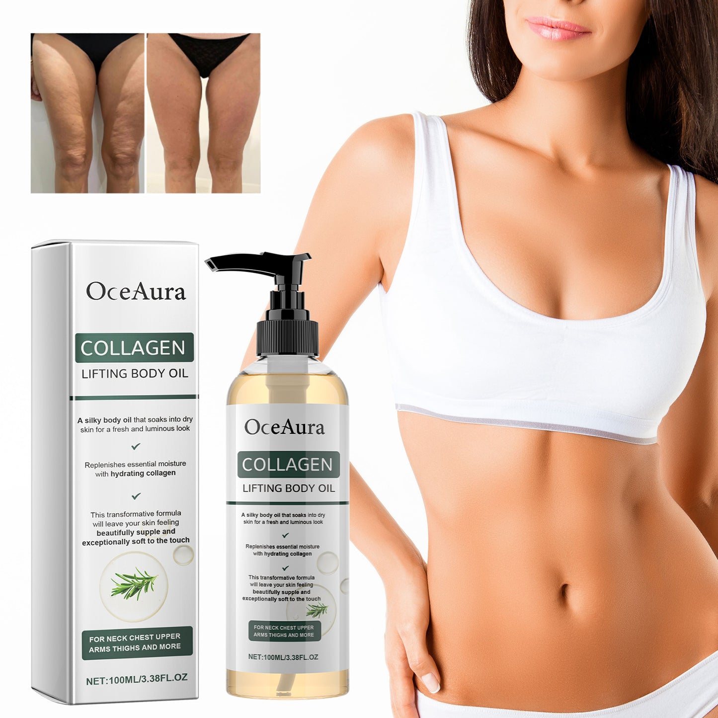 OceAura Collagen Lifting Body Oil, Moisturizing And Firming Arms Belly Fat Full Body Massage Oil