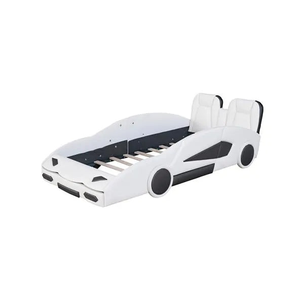 Twin Size Race Car-Shaped Platform Bed With Wheels, White