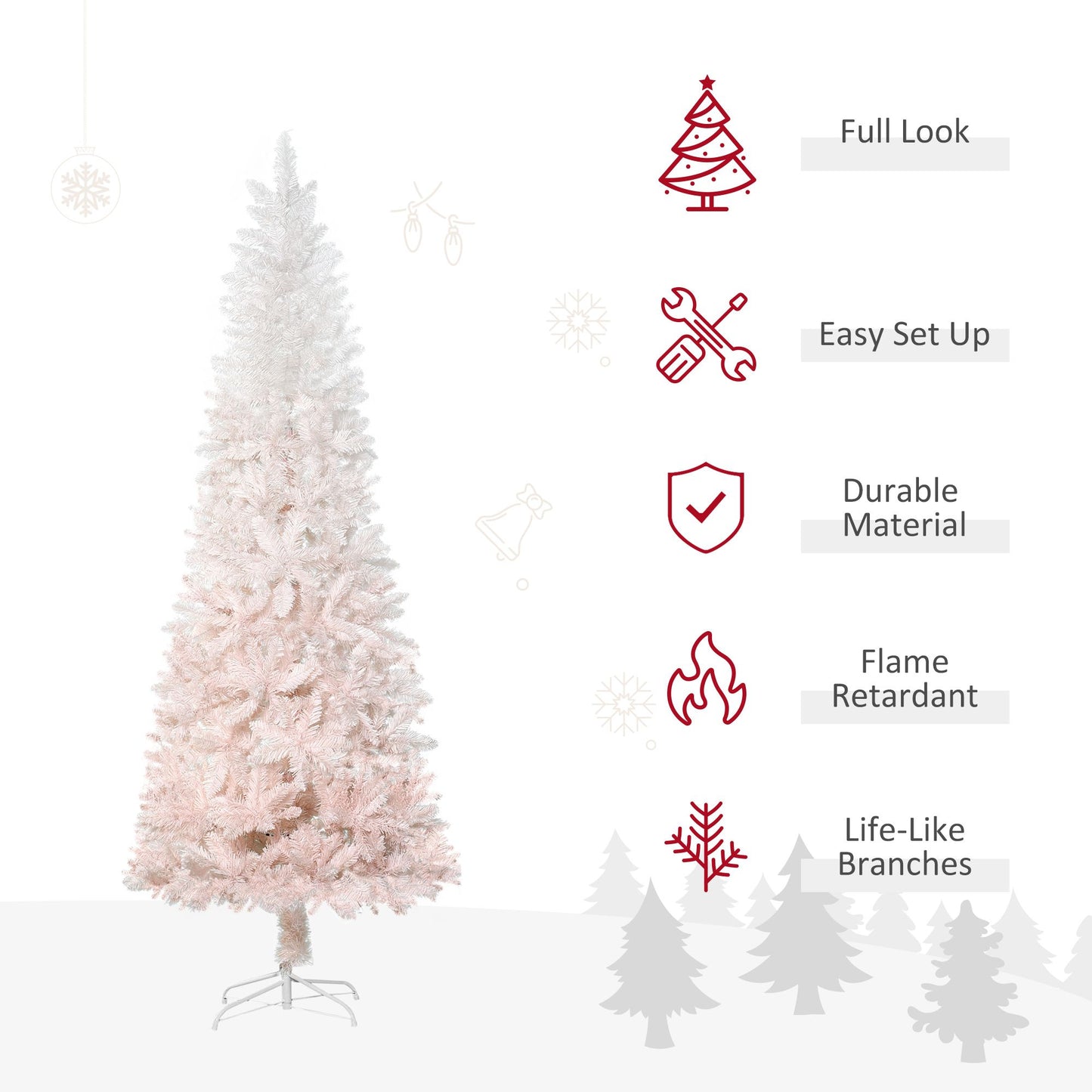 7ft Pencil Artificial Christmas Tree With Pine Realistic Branches, Auto Open, Pink And White