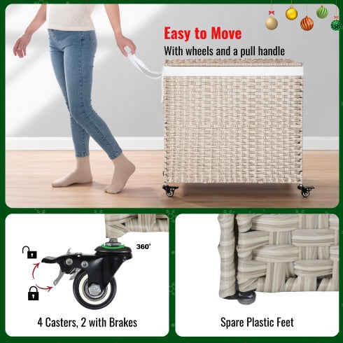 Laundry Hamper With Lid PE Rattan Powder Coating Frame Clothes Hampers With 02 Removable Bags, Wheels, 160L, Gray Color