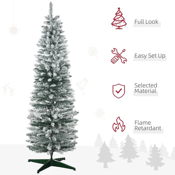 6ft Tall Pencil Artificial Christmas Tree, Holiday Decor With Snow Flocked Branches, Green