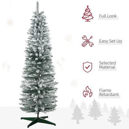 6ft Tall Pencil Artificial Christmas Tree, Holiday Decor With Snow Flocked Branches, Green
