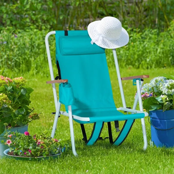 Folding Beach Chair, 4 Position Portable Backpack Foldable Camping Chair With Headrest Cup Holder And Wooden Armrests, Green