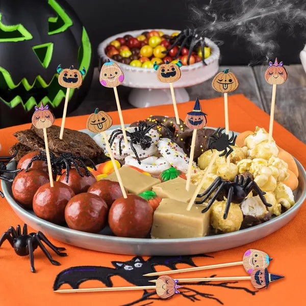 Halloween Pumpkin Cocktail Picks 5 Inch Bamboo Fancy Toothpicks For Appetizers, Decorative Fall Halloween Thanksgiving Party Food Drinks Garnish Fruit Skewer Sticks Multi-item Party Favor Pack
