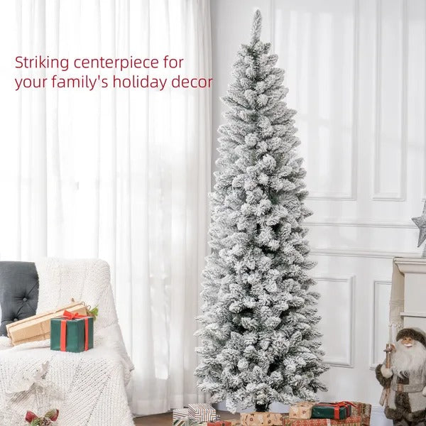 7ft Pencil Christmas Tree, Flocked Tree With 687 Branch Tips And Metal Base For Home, Indoor, Holiday