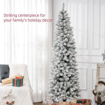 7ft Pencil Christmas Tree, Flocked Tree With 687 Branch Tips And Metal Base For Home, Indoor, Holiday