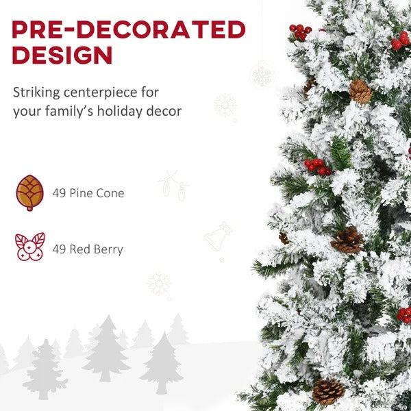9-foot Pencil Snow Flocked Artificial Christmas Tree With 1350 Pine Realistic Branches, Pine Cones, Red Berries, Auto Open, Green