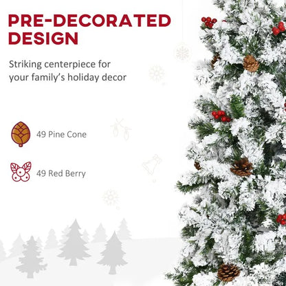 9-foot Pencil Snow Flocked Artificial Christmas Tree With 1350 Pine Realistic Branches, Pine Cones, Red Berries, Auto Open, Green