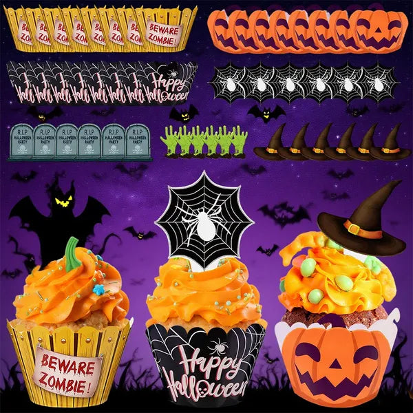 48 Pcs Halloween Cupcake Toppers Wrappers Spider Web Pumpkin Zombie Disposable Artistic Bake Paper Cups For Halloween Theme Party Kitchen Cupcake Baking Supplies