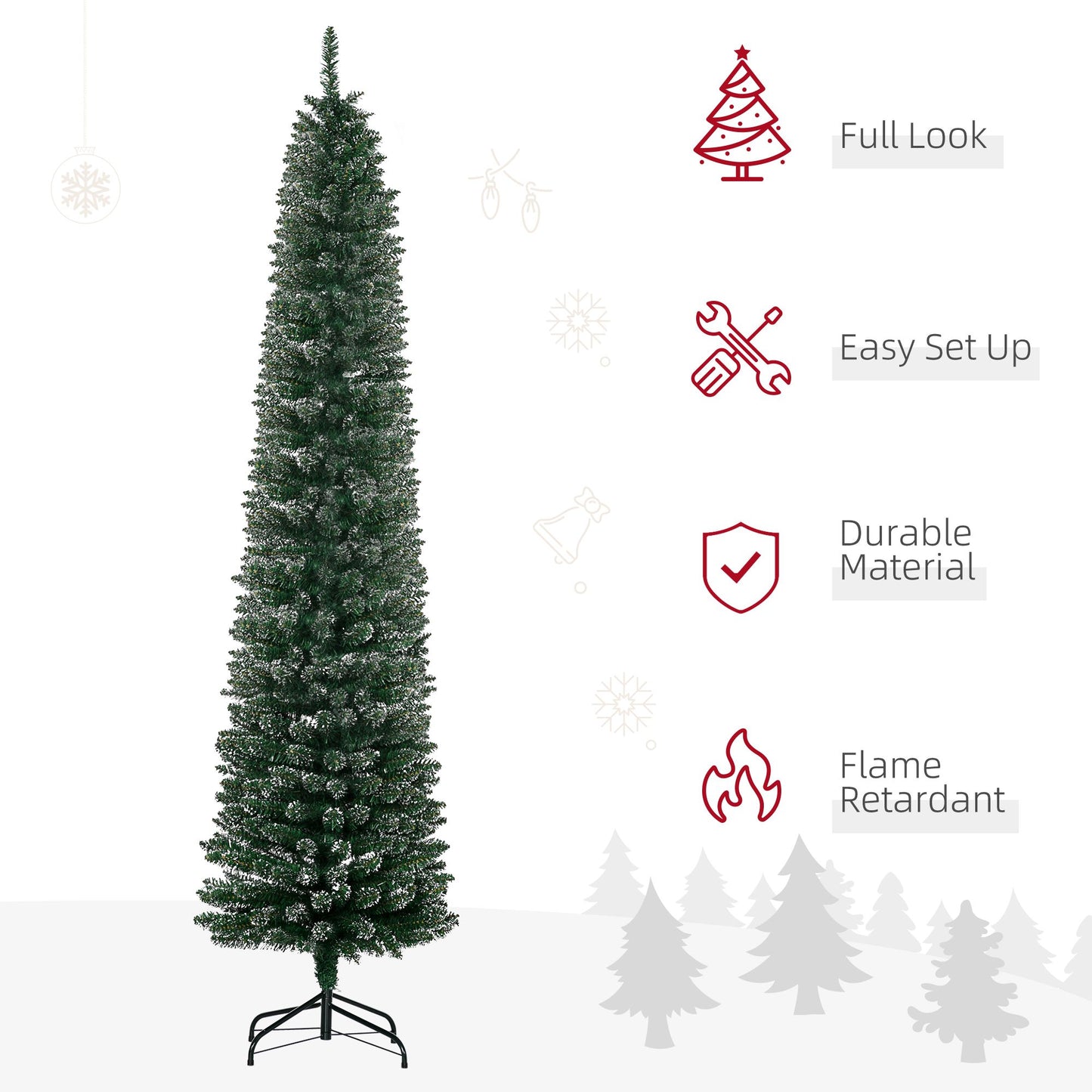 7.5FT Artificial Snow Dipped Christmas Tree Xmas Pencil Tree Holiday Home Indoor Decoration With Foldable Black Stand, Green