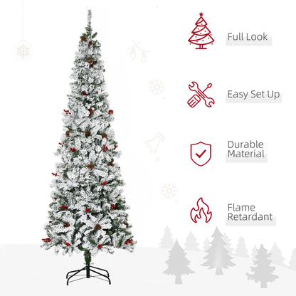 7.5 Foot Pencil Snow Flocked Artificial Christmas Tree With 950 Pine Realistic Branches, Pine Cones, Red Berries, Auto Open, Green