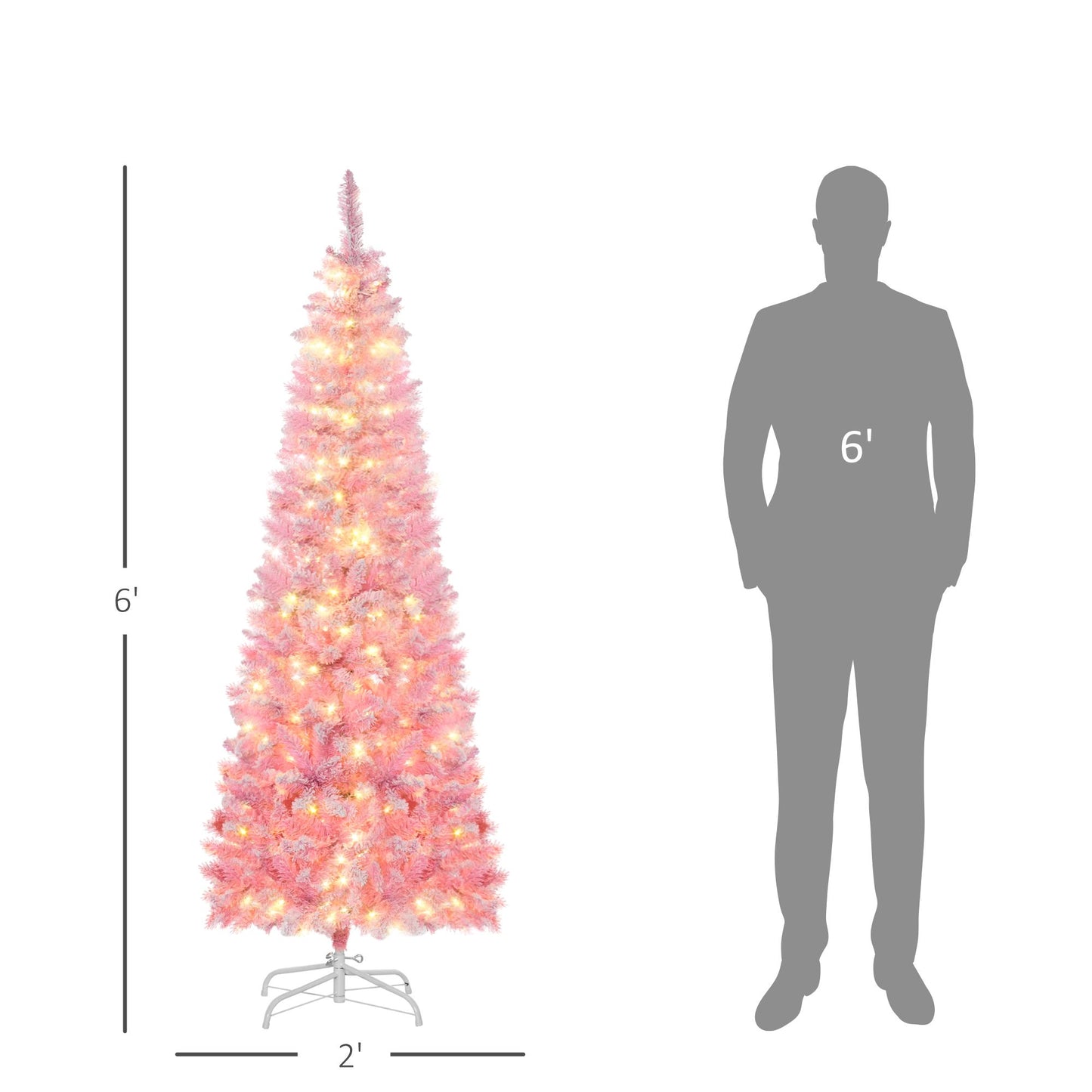 6 Foot Prelit Snow Flocked Artificial Christmas Tree With Pencil Shape, 500 Pine Realistic Branches, Warm White LED Lights, Auto Open, Pink And White