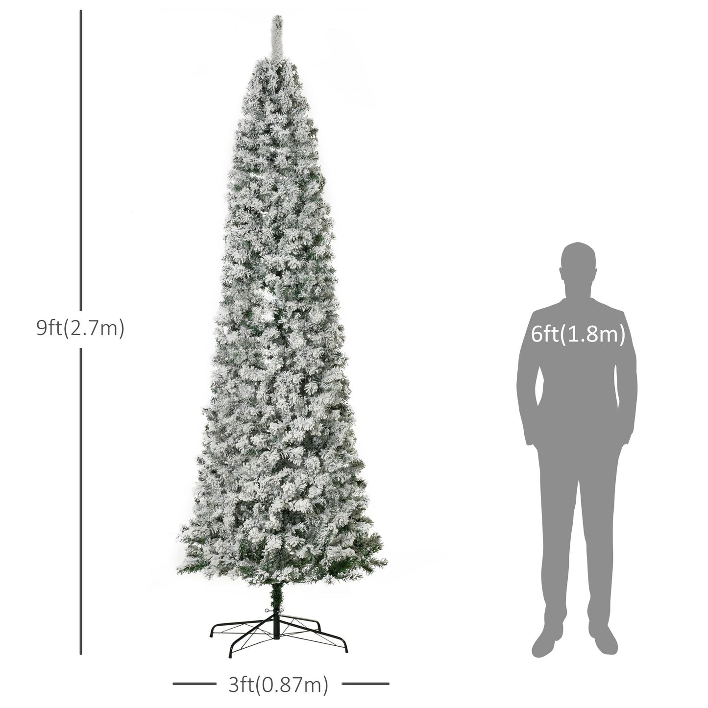 9 Feet Prelit Artificial Snow Flocked Pencil Christmas Tree, Slim Xmas Tree With Warm White LED Light, Holiday Home Xmas Decoration, Green