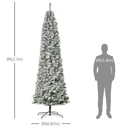 9 Feet Prelit Artificial Snow Flocked Pencil Christmas Tree, Slim Xmas Tree With Warm White LED Light, Holiday Home Xmas Decoration, Green