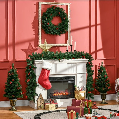HOMCOM Prelit Holiday Christmas 4-Piece Set, Garland Wreath And Set Of 2 Entrance Trees With Warm White LED Lights, Red Berries, Pine Cones, Green