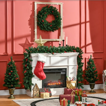 HOMCOM Prelit Holiday Christmas 4-Piece Set, Garland Wreath And Set Of 2 Entrance Trees With Warm White LED Lights, Red Berries, Pine Cones, Green