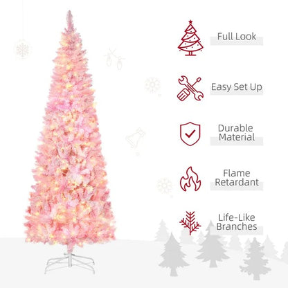7.5 Foot Prelit Snow Flocked Artificial Christmas Tree With Pencil Shape, 700 Pine Realistic Branches, Warm White LED Lights, Auto Open, Pink And White