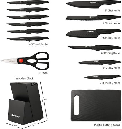 16 Pieces Kitchen Knife Block Set With Cutting Board, German Stainless Steel Knife Set With Sharpener, Dishwasher Safe, Anti-Slip Handle, 6 Steak Knives, Black