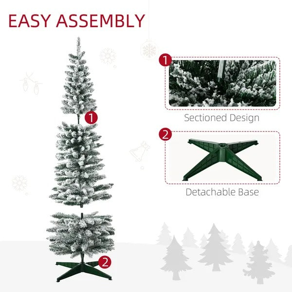6ft Tall Pencil Artificial Christmas Tree, Holiday Decor With Snow Flocked Branches, Green