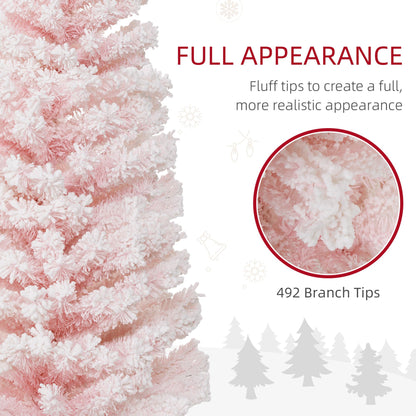 6ft Flocked Christmas Tree, Pencil Christmas Tree With Realistic Branch Tips, Folding Metal Stand