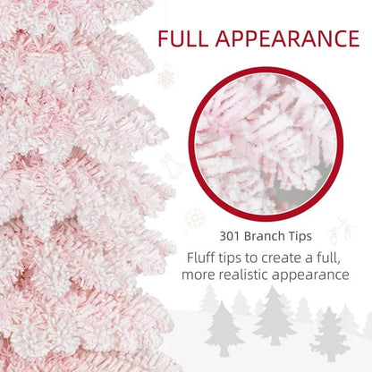 5ft Snow-Flocked Artificial Christmas Tree, Slim Pencil Xmas Tree With 301 Realistic Branches, Metal Base,