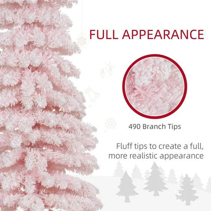 7ft Snow-Flocked Artificial Christmas Tree, Slim Pencil Xmas Tree With 490 Realistic Branches, Metal Base