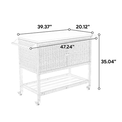 Outdoor Wicker Bar Cart, Patio Wine Serving Cart, Rolling Rattan Beverage Bar Counter Table