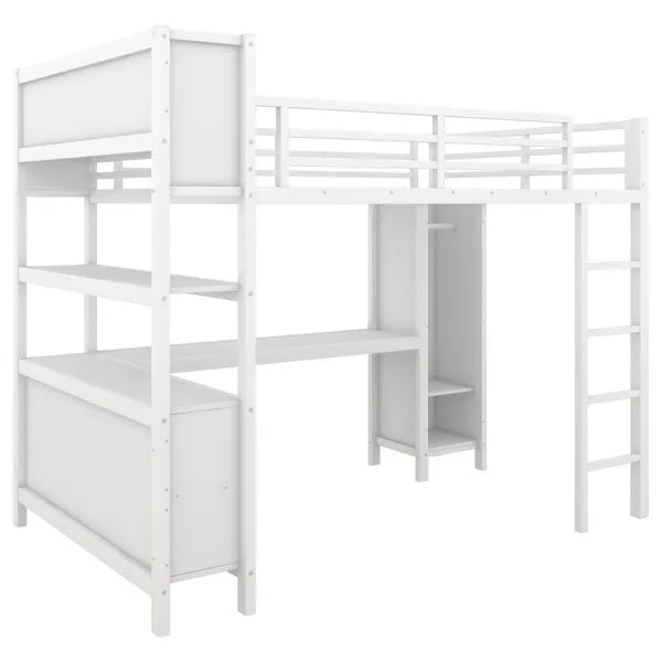 Metal Loft Bed With Wardrobe And L-shaped Desk, Full Size Loft Bed With Storage Cubes And Shelves, Heavy Duty Loft Bed For Kids Teens Adults, White