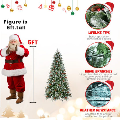 Artificial 5ft Green Christmas Tree With 1113PE PVC Mixed Branch Tips,Red Fruit And Pine Cone,Hinged Premium  Foldable Base For Indoor Holiday Decorating