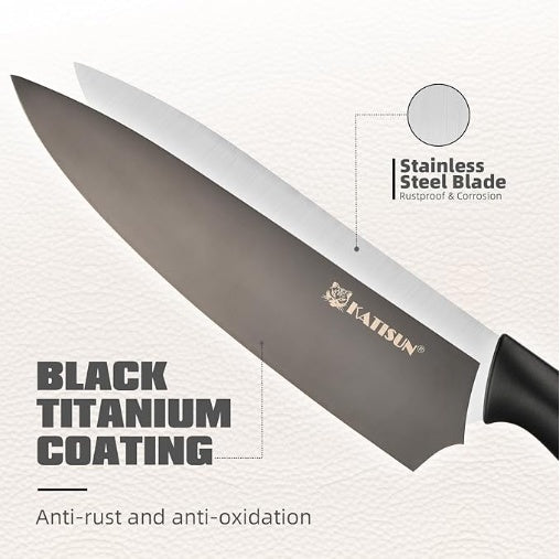 15-Piece Knife Set, High Carbon Stainless Steel Imported From Germany, Beveled Mercerized Blade, Black Titanium Stainless Steel Knives Block Set With Built-in Sharpener, Non-Slip Handles