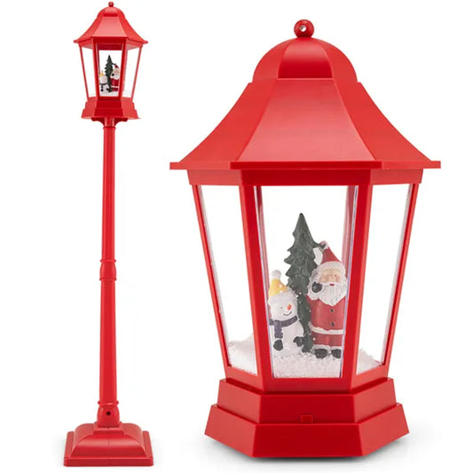 64" Christmas Streetlamp Decor: Santa/Snowman/Tree Scene, 60 Warm White LEDs, 8 Tunes, 2 Modes (Stand/Tabletop), Red, 12.5×12.5×64", 4.5lbs