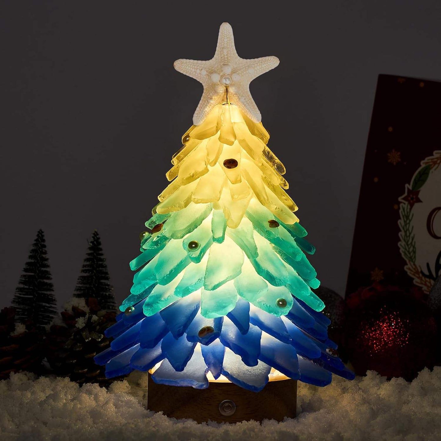 Handcrafted Mini Sea Glass Christmas Tree With LED Lights Small Sea Glass Tree For Christmas Party Table Decoration Ornament