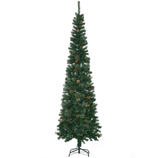 7.5ft Pencil Christmas Tree, Artificial Christmas With Pine Needles, Realistic Branches, Pine Cones, Metal Base, Green