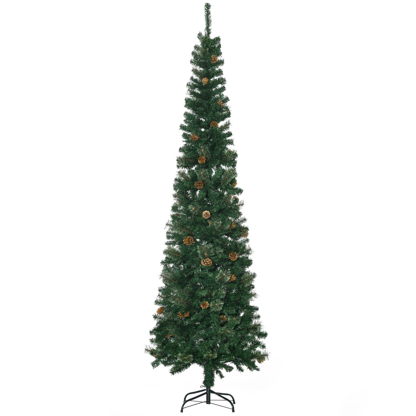 7.5ft Pencil Christmas Tree, Artificial Christmas With Pine Needles, Realistic Branches, Pine Cones, Metal Base, Green