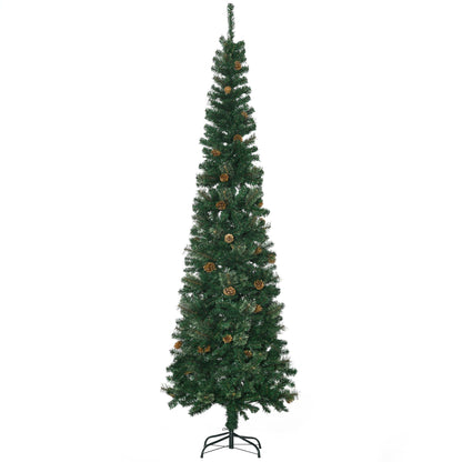 7.5ft Pencil Christmas Tree, Artificial Christmas With Pine Needles, Realistic Branches, Pine Cones, Metal Base, Green
