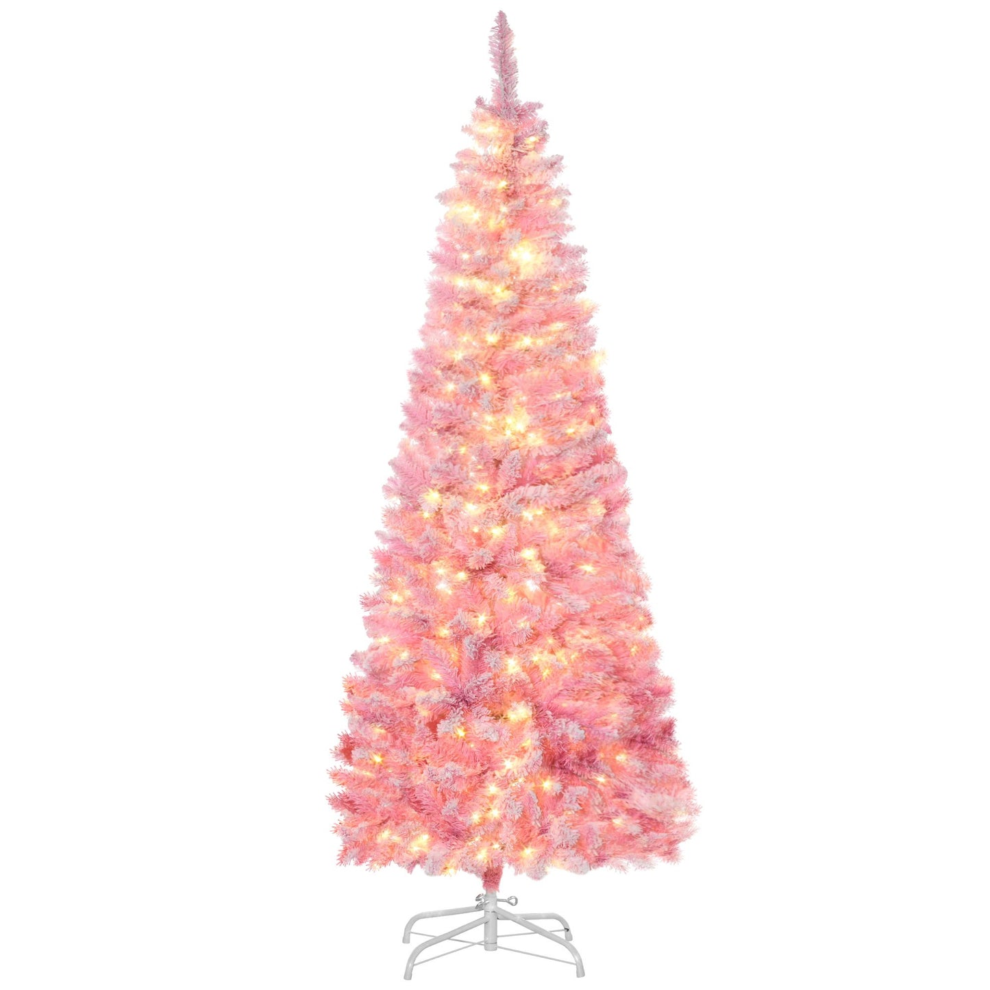 6 Foot Prelit Snow Flocked Artificial Christmas Tree With Pencil Shape, 500 Pine Realistic Branches, Warm White LED Lights, Auto Open, Pink And White