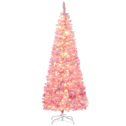 6 Foot Prelit Snow Flocked Artificial Christmas Tree With Pencil Shape, 500 Pine Realistic Branches, Warm White LED Lights, Auto Open, Pink And White