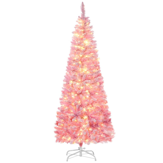 6 Foot Prelit Snow Flocked Artificial Christmas Tree With Pencil Shape, 500 Pine Realistic Branches, Warm White LED Lights, Auto Open, Pink And White