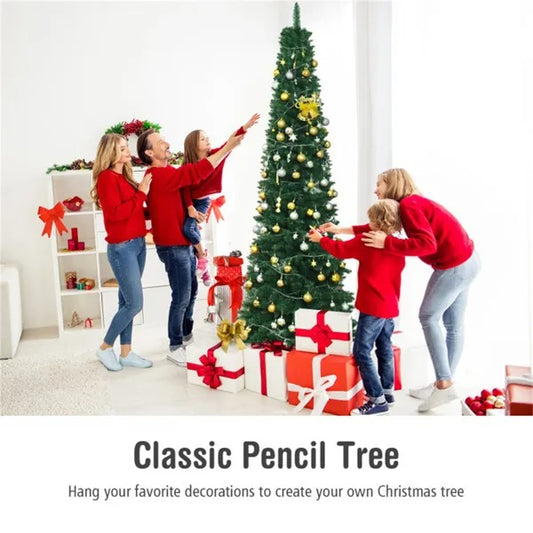 8ft Slim Pencil Christmas Tree - Space-Saving Design For Small Corners, 1000 Realistic PVC Branches With Flocked Finish