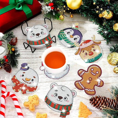 6 Packs Christmas Rhinestones Art Coasters With Holder Snowman Gingerbread Man Penguin Santa Claus Pattern Gift Non Slip Acrylic Cup Coaster 5D DIY Full Drill Rhinestones Dots Art