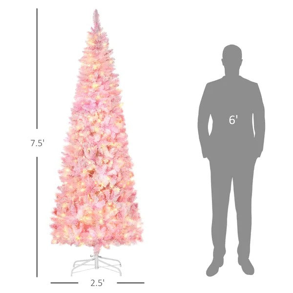 7.5 Foot Prelit Snow Flocked Artificial Christmas Tree With Pencil Shape, 700 Pine Realistic Branches, Warm White LED Lights, Auto Open, Pink And White