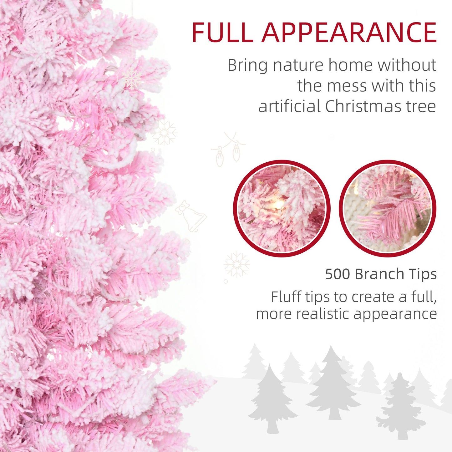 6 Foot Prelit Snow Flocked Artificial Christmas Tree With Pencil Shape, 500 Pine Realistic Branches, Warm White LED Lights, Auto Open, Pink And White