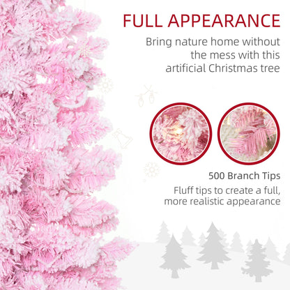 6 Foot Prelit Snow Flocked Artificial Christmas Tree With Pencil Shape, 500 Pine Realistic Branches, Warm White LED Lights, Auto Open, Pink And White